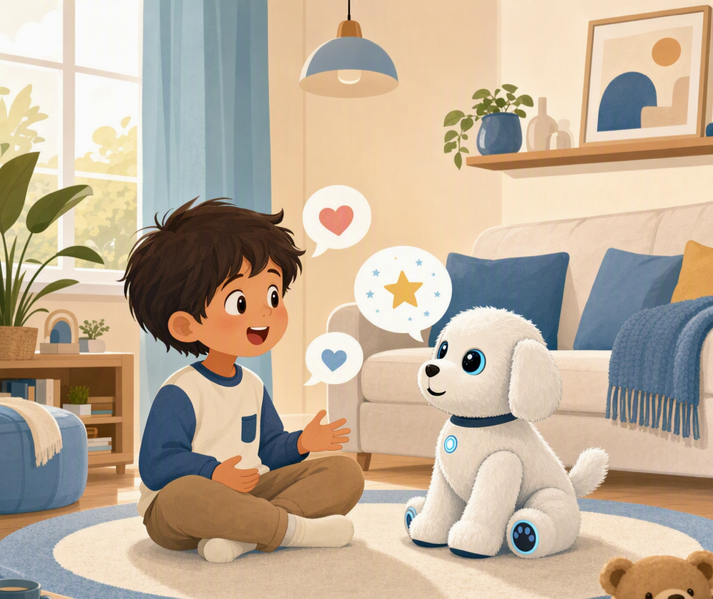 Child learning through conversation with an AI plush dog
