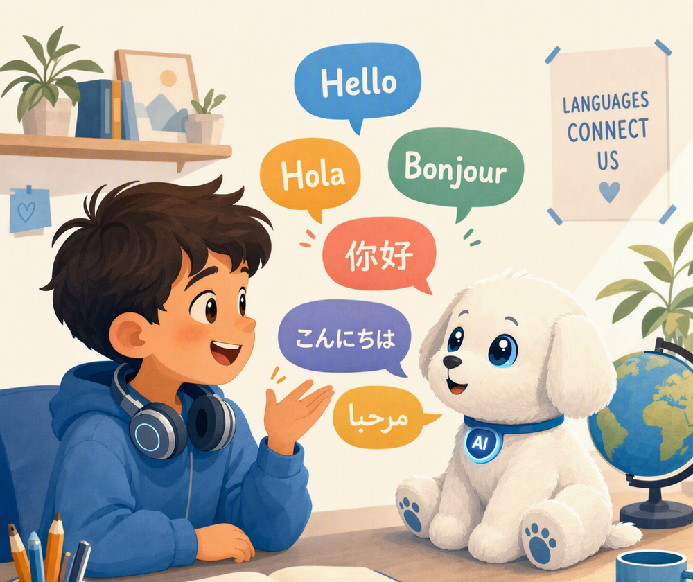 Child practicing languages with an AI plush toy